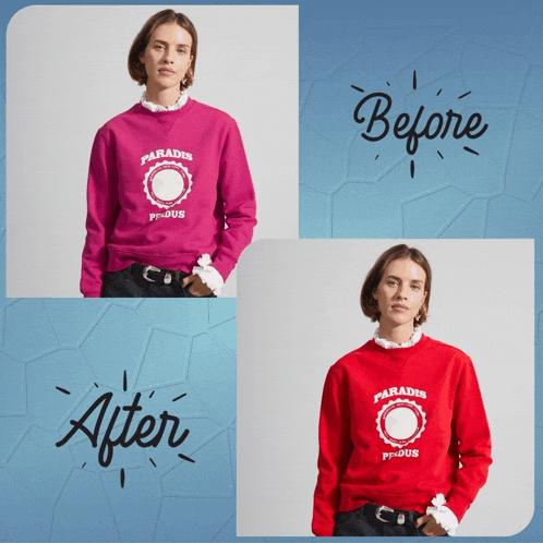a before and after photo of a woman wearing a red sweatshirt