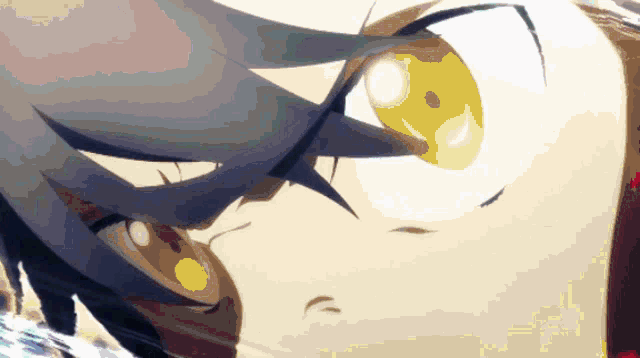 a close up of a person 's face with a glowing yellow eye