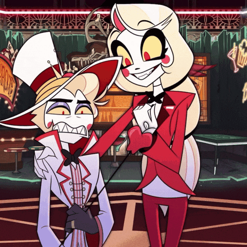 a couple of cartoon characters are standing next to each other and one of them is wearing a hat