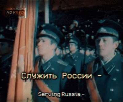 a group of soldiers marching in a line with the words serving russia