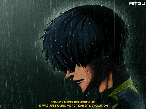 a picture of a man in the rain with ritsu written on the bottom