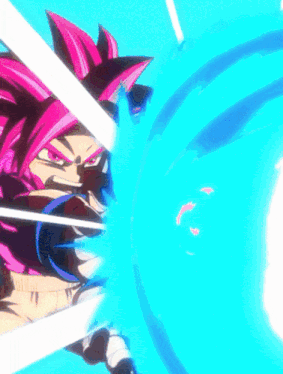 a cartoon character with pink hair is holding a blue beam