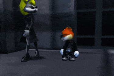 a couple of cartoon characters standing next to each other with one holding a tire