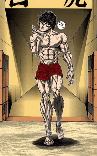 a cartoon of a muscular man standing in a hallway with chinese writing on the wall