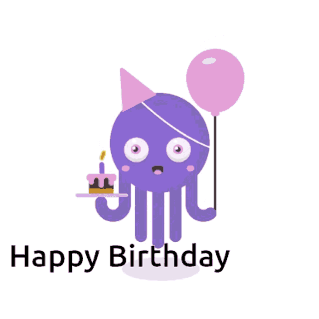 a purple octopus wearing a party hat and holding a pink balloon and a cake says happy birthday