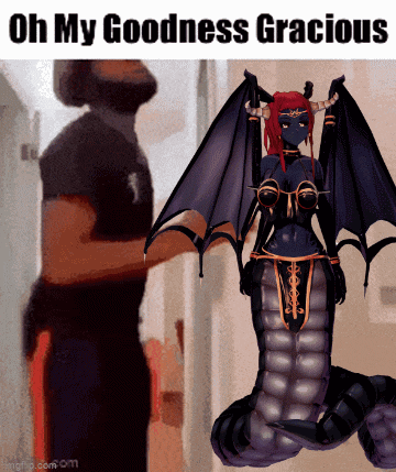 a man standing next to a monster that says oh my goodness gracious