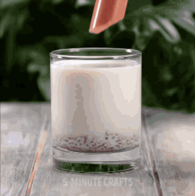 a glass of milk with chia seeds in it and the words 5 minute crafts below it