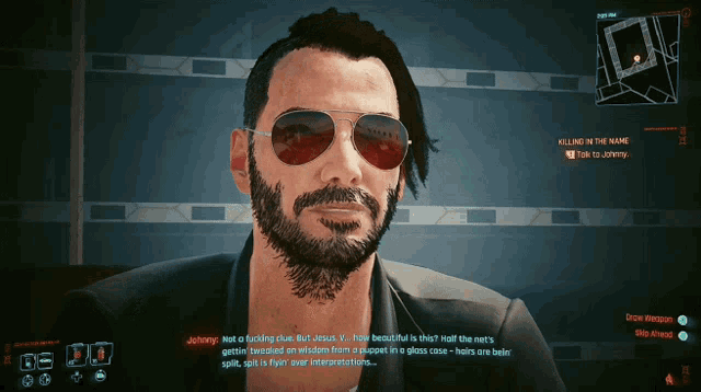 johnny is talking to johnny in a video game while wearing sunglasses