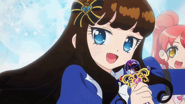 a girl with long hair is holding a microphone