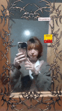 a girl is taking a selfie in front of a mirror with a sin palabras sticker on it