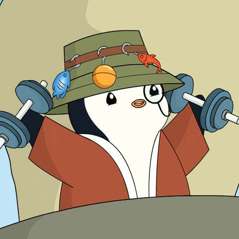 a penguin wearing a hat and a kimono is lifting dumbbells