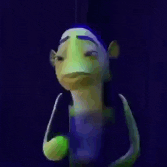 a cartoon character is standing in front of a dark background .