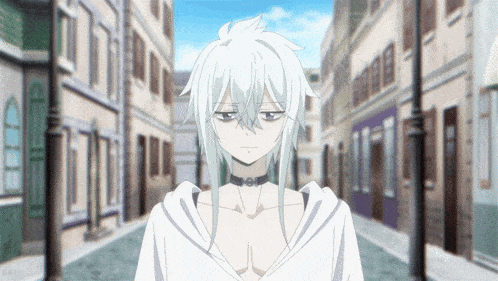 a cartoon character with white hair and a choker on his neck