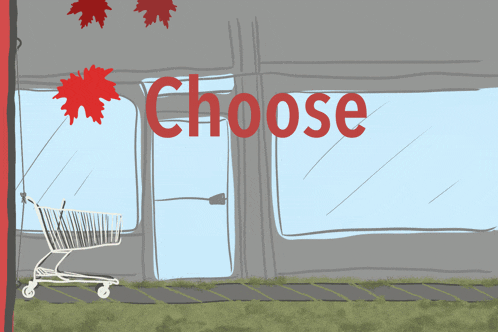an illustration of a shopping cart with red leaves hanging from it