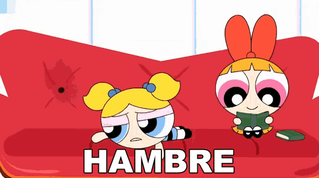 bubbles and blossom from the powerpuff girls laying on a red couch