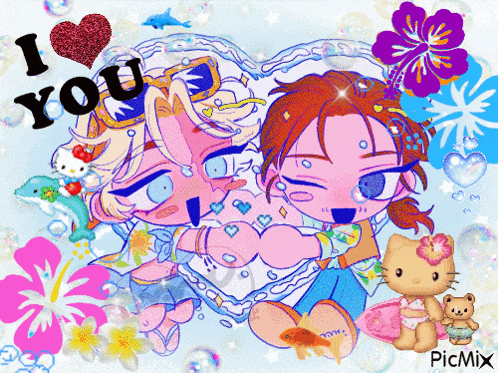 a cartoon drawing of a girl and a boy with the words i love you on top