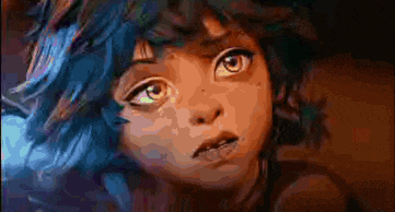 a close up of a child 's face with blue hair looking up at something .
