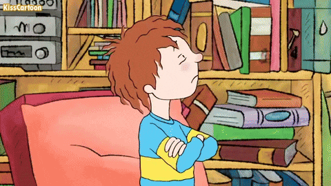 a cartoon of a boy standing in front of a bookshelf with the words kisscartoon on the bottom right