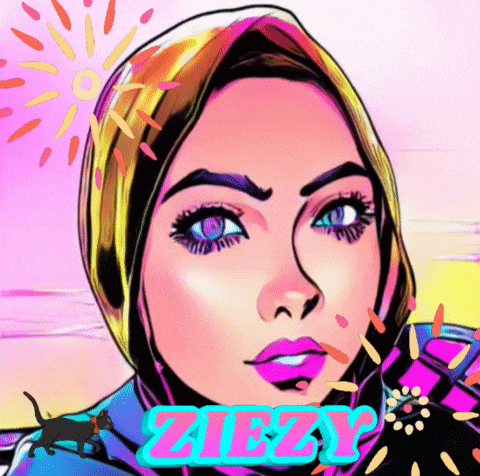 a cartoon drawing of a woman wearing a head scarf and the name ziezzi