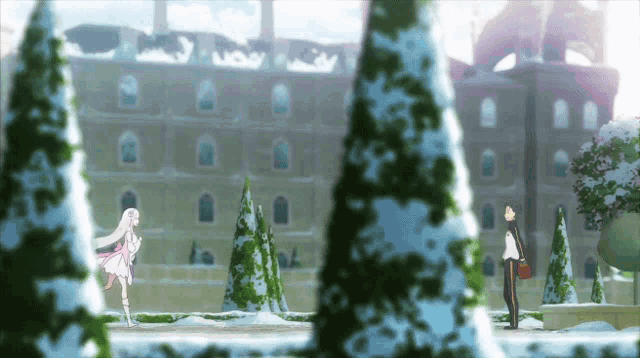 a man and a woman are standing in front of a snowy building