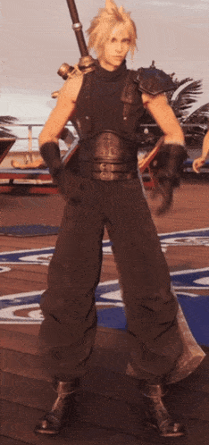 a man with a sword on his back is standing on a dock