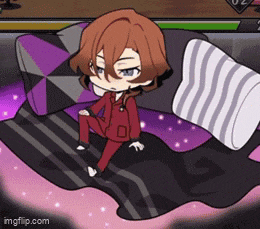 a cartoon character is sitting on a bed with pillows and a blanket .