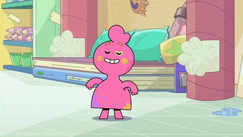 a pink cartoon character is standing in a room