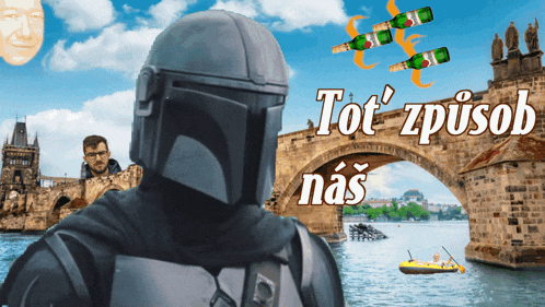 a man in a helmet is standing in front of a bridge with tot ' zpusob nas written on the bottom
