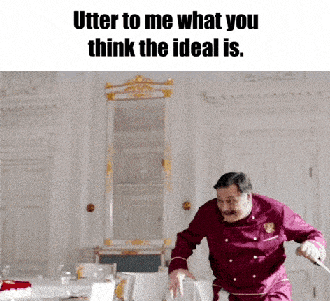 a man in a chef 's uniform is holding a knife in a room with tables and chairs .