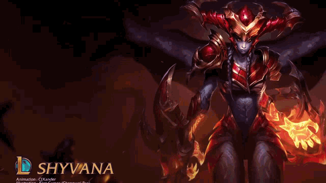 a video game character named shyvana is holding a fire sword