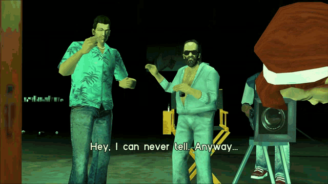 a video game screen shows two men standing next to each other and one says hey i can never tell anyway