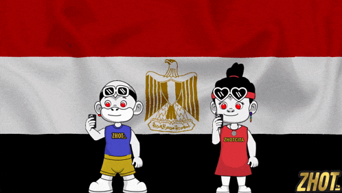 a boy and a girl are standing in front of a egyptian flag and the girl is wearing a shirt that says zhoucita