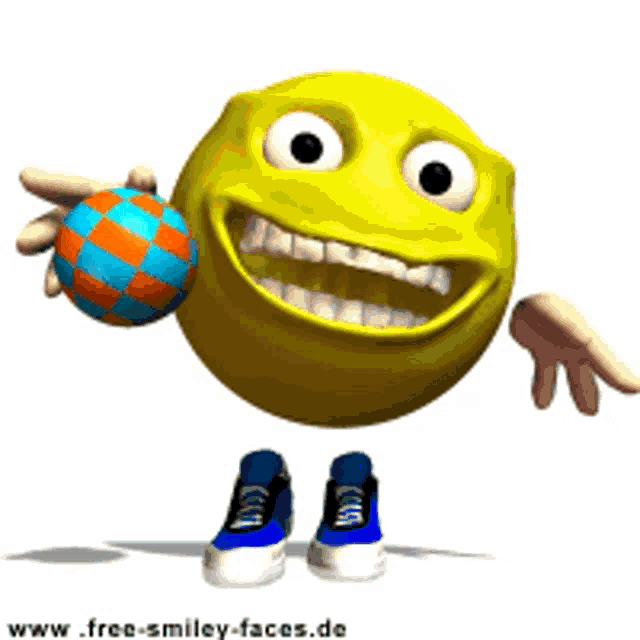 a smiley face is holding a checkered ball