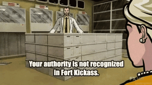 a man in a lab coat is standing behind a counter and says " your authority is not recognized in fort kickass