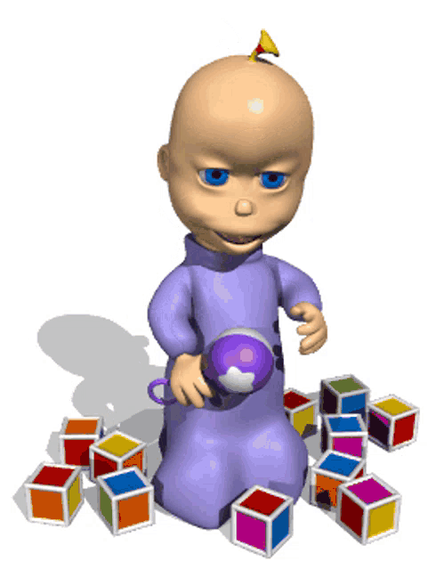 a baby in a purple outfit is holding a purple rattle