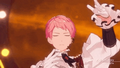 a boy with pink hair and white gloves is making a peace sign with his hands .