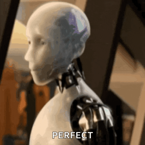 a close up of a robot 's head with the word perfect below it