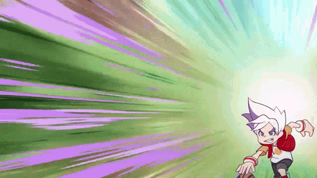 a cartoon character is running through a field with purple lines