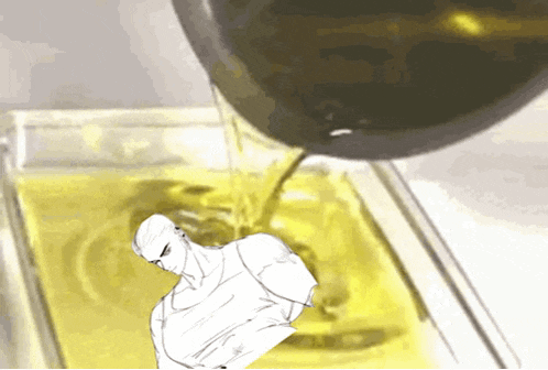 a drawing of a man pouring oil into a container