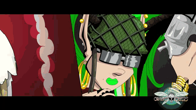a cartoon of a woman wearing a green hat and sunglasses with the words crime x heroes below her