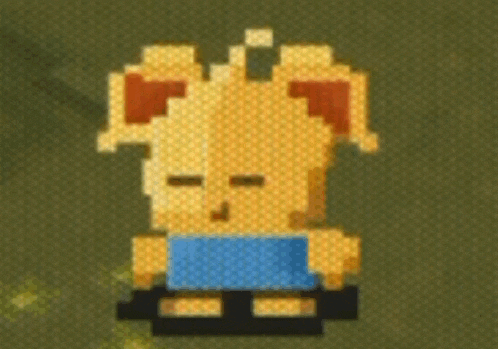 a pixel art drawing of a dog wearing a blue shirt and sandals .