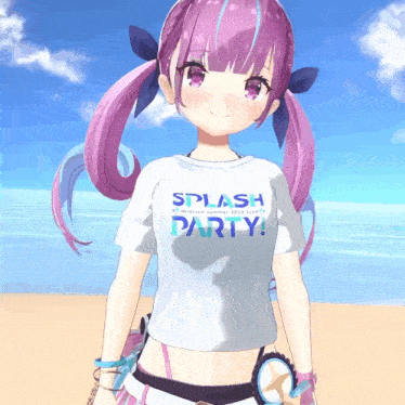 a girl with purple hair is wearing a splash party t-shirt