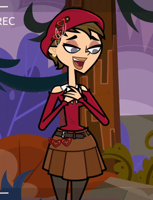 a cartoon of a girl wearing a red hat and a brown skirt