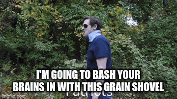 a man wearing sunglasses and a blue shirt says i 'm going to bash your brains in with this