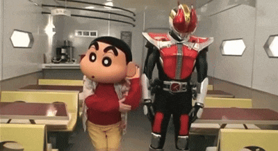 a cartoon character is walking next to a superhero in a restaurant .