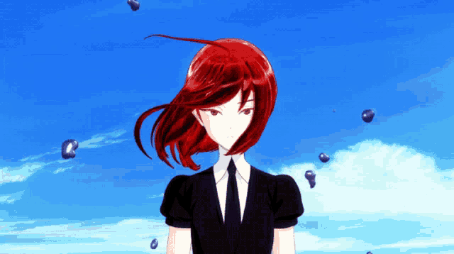 a girl with red hair and a black shirt and tie