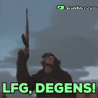a picture of a monkey holding a gun with the words lfg degens below it