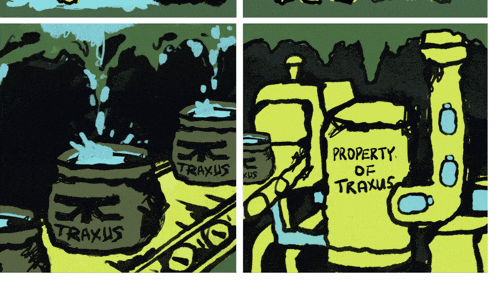 a cartoon of a machine that says property of traxus on it