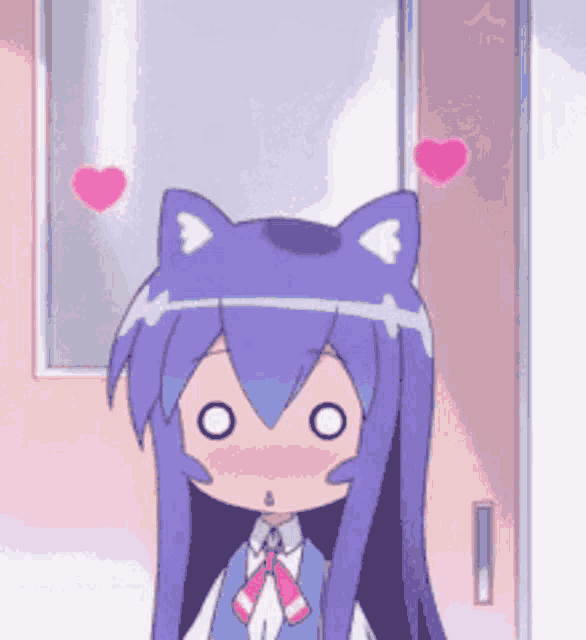 a cartoon girl with purple hair and cat ears