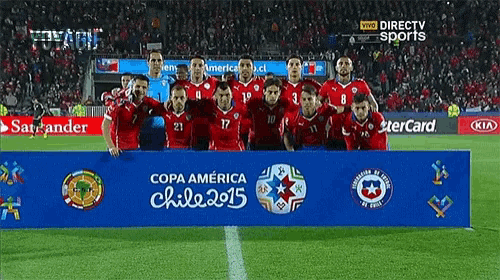 a group of soccer players are posing for a photo in front of a sign that says copa america chile 2015